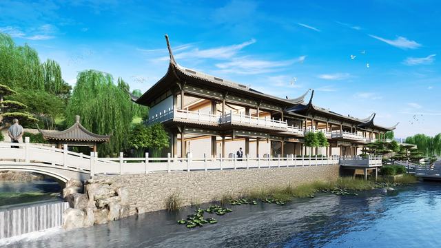 G 座外观效果图，建在水边